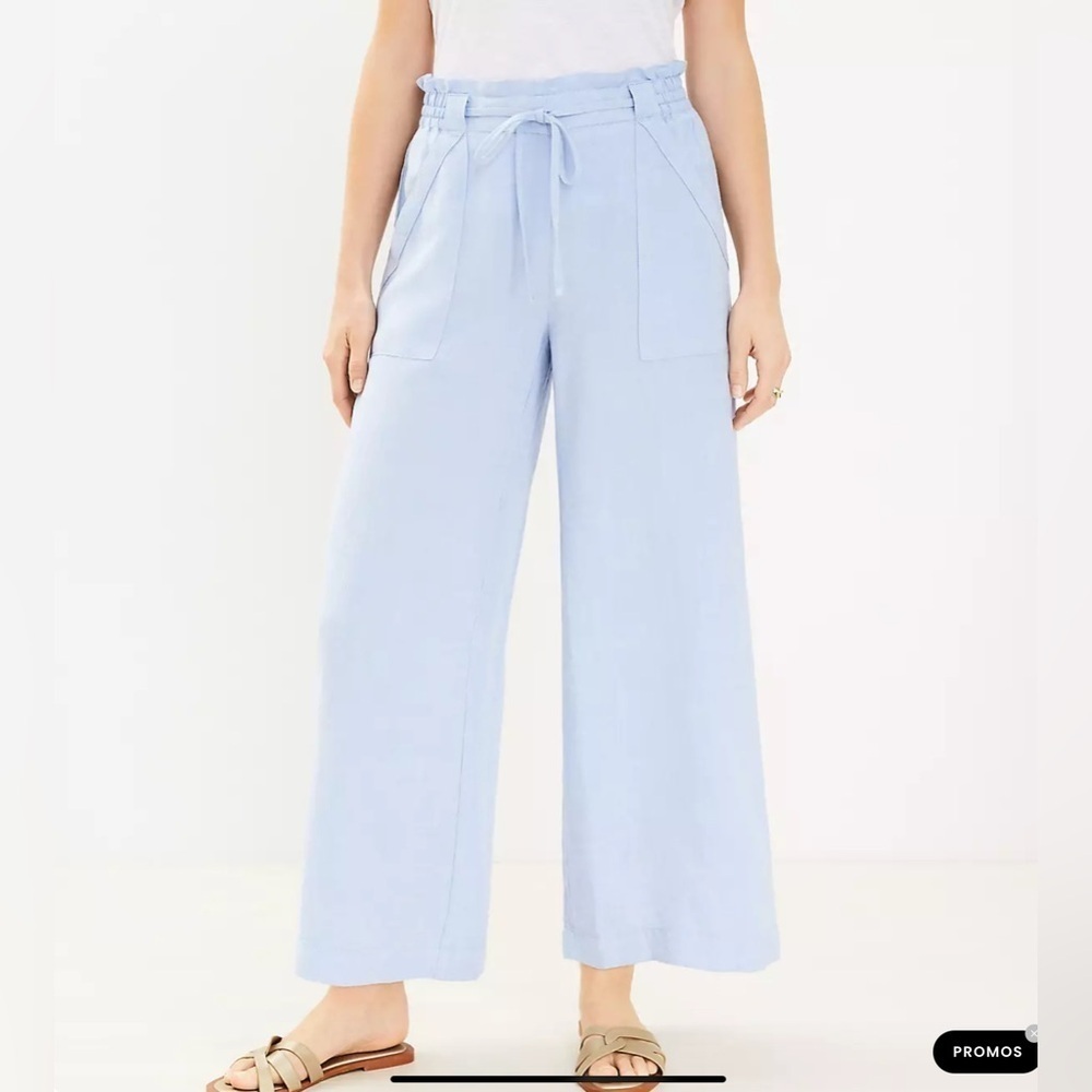 NWT LOFT Pull On Linen Blend Wide Leg Pants light blue small lightweight